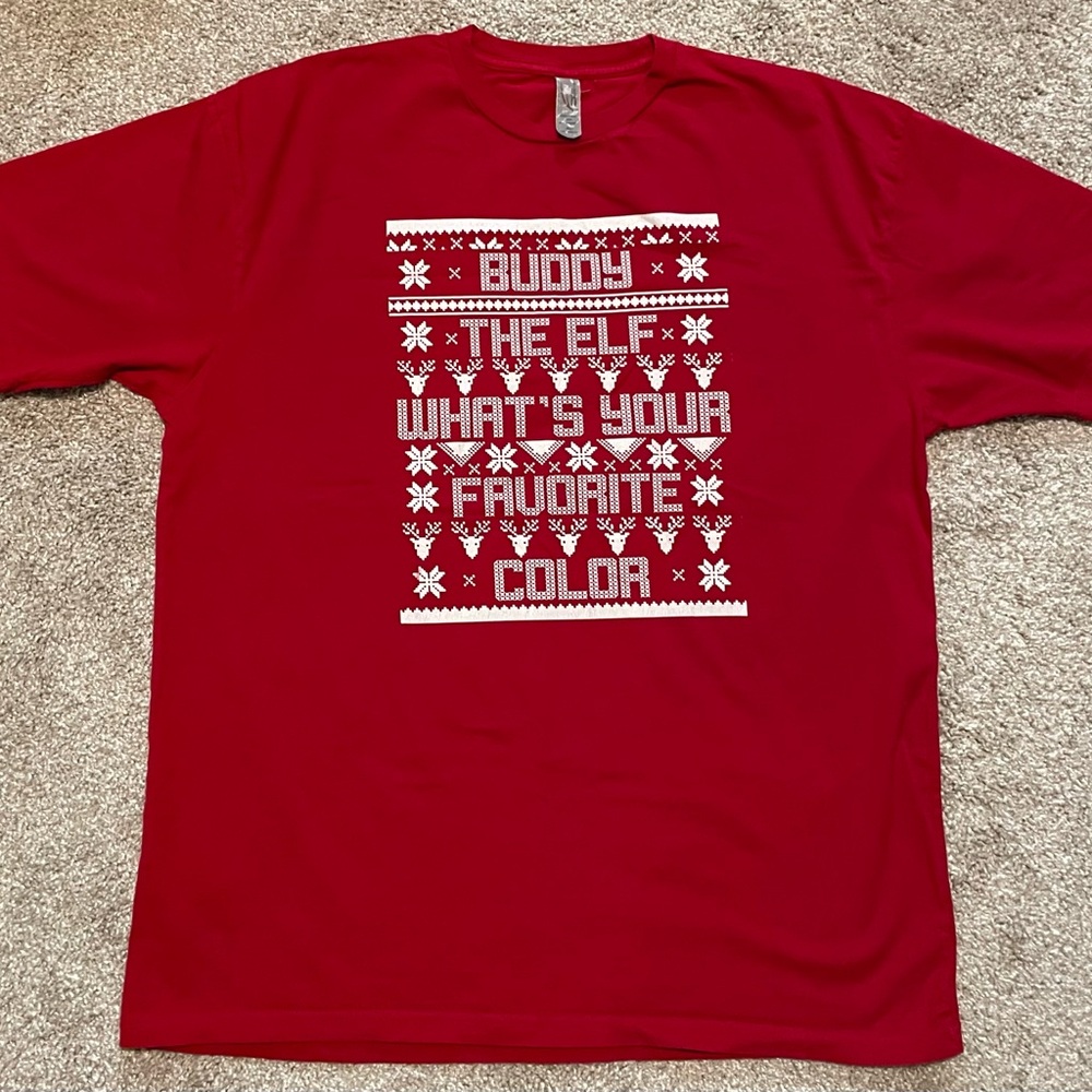 Buddy the Elf Red Holiday Tee with White Festive Design